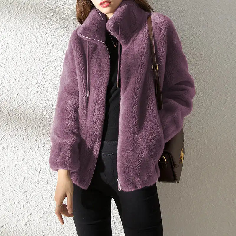 Padded Coat Stand-Collar Double-Faced Fleece Jacket Couple Fleece Coat Women Winter Solid Color Polar Fleece Thermal Double-Side