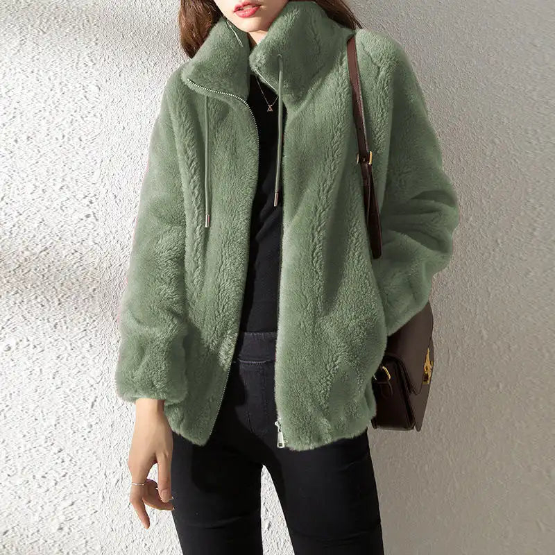 Padded Coat Stand-Collar Double-Faced Fleece Jacket Couple Fleece Coat Women Winter Solid Color Polar Fleece Thermal Double-Side