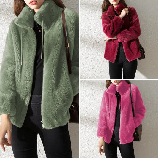 Padded Coat Stand-Collar Double-Faced Fleece Jacket Couple Fleece Coat Women Winter Solid Color Polar Fleece Thermal Double-Side