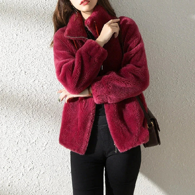 Padded Coat Stand-Collar Double-Faced Fleece Jacket Couple Fleece Coat Women Winter Solid Color Polar Fleece Thermal Double-Side